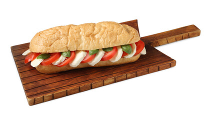 Tasty sandwich with mozzarella cheese, tomatoes and basil isolated on white