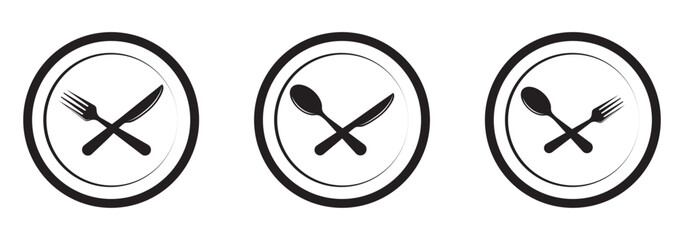 Fork, spoon, knife and plate. Menu symbol. Tableware instruments. Restaurant icon. Food, plate, fork, knife, spoon, cutlery icon set.