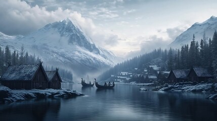 Viking Age village the fjords with wooden houses Viking warriors with axes and shields longships at sea snow covered mountains Scandinavian forest cloudy sky photorealistic Norse history
