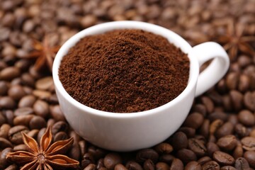 Cup with instant coffee powder and star anise on beans, closeup