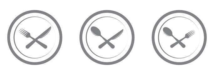 Fork, spoon, knife and plate. Menu symbol. Tableware instruments. Restaurant icon. Food, plate, fork, knife, spoon, cutlery icon set.