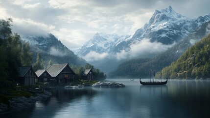 Viking Age village the fjords with wooden houses Viking warriors with axes and shields longships at sea snow covered mountains Scandinavian forest cloudy sky photorealistic Norse history