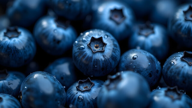close-up of pile ripe juicy blueberries covered with water drops, macro berry background with blueberries in dew
