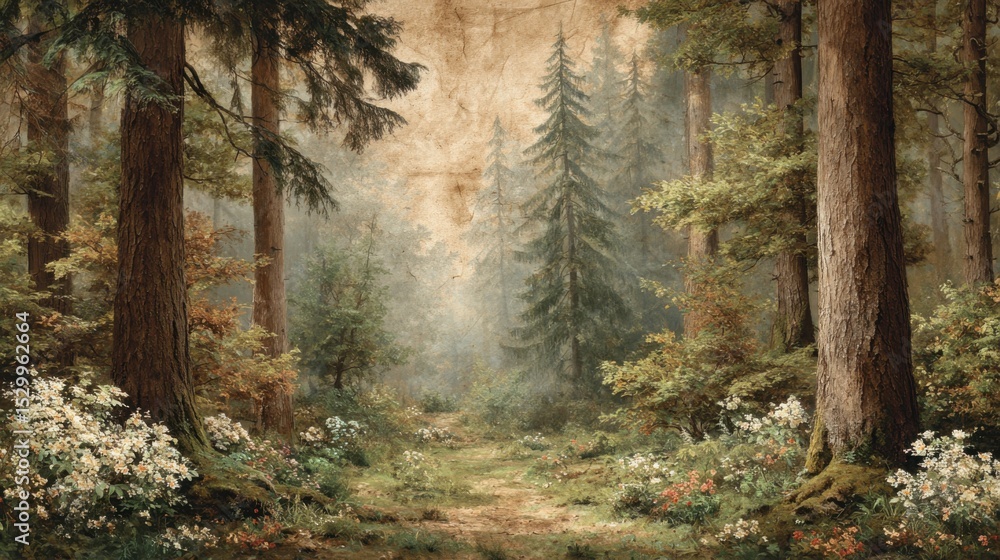 Poster a painting of a forest with a path leading through it. the trees are tall and the path is surrounded