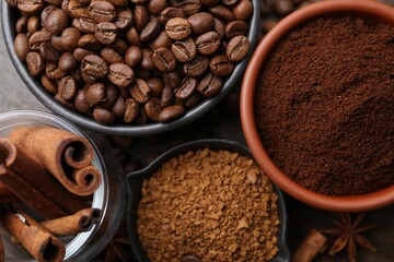 Different types of instant coffee, beans and spices on table, flat lay