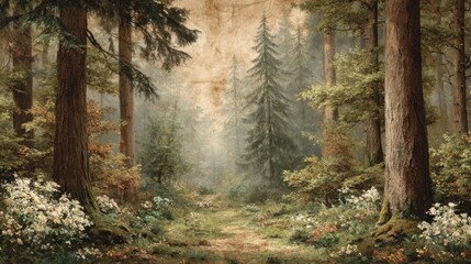 Obraz premium A painting of a forest with a path leading through it. The trees are tall and the path is surrounded by flowers. The mood of the painting is peaceful and serene