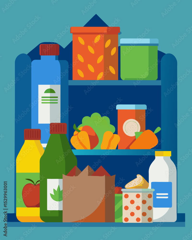 Poster a heap of expired and unod food items still in their original packaging in a pantry.. vector illustr