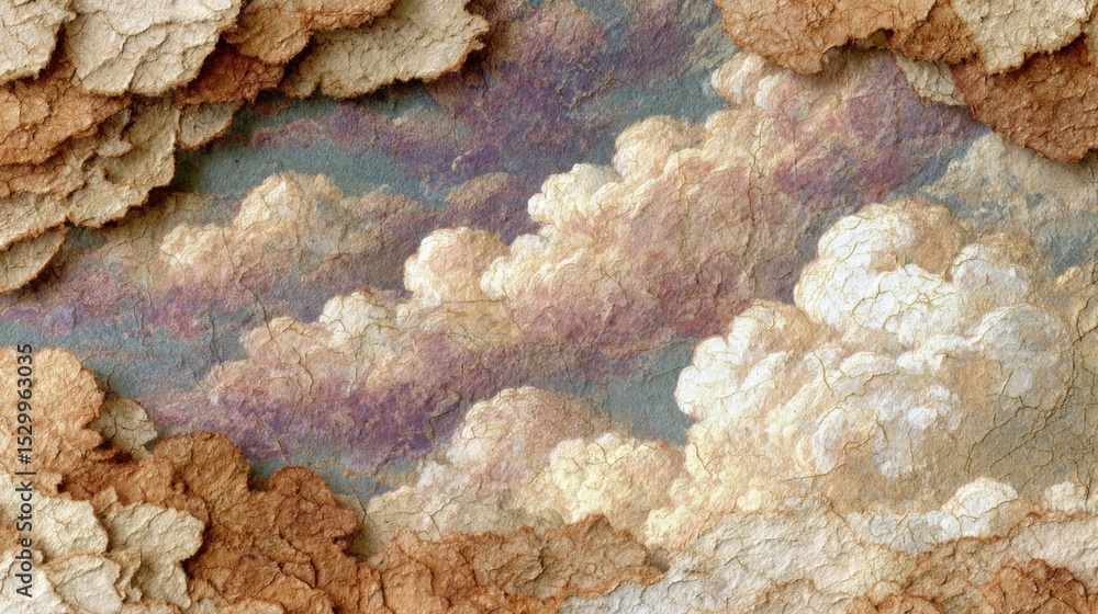 Poster a cloudy sky with a few white clouds scattered throughout. the clouds are made of paper and appear t