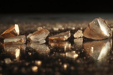 Fragments of gilded crystals on a dark surface.