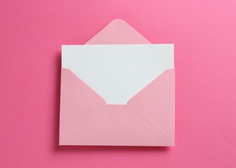 Blank invitation card and envelope on pink background, top view