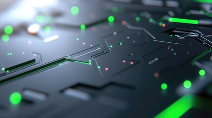 Close-up view of a complex circuit board with glowing green lines and points.  A dark, metallic surface with intricate patterns