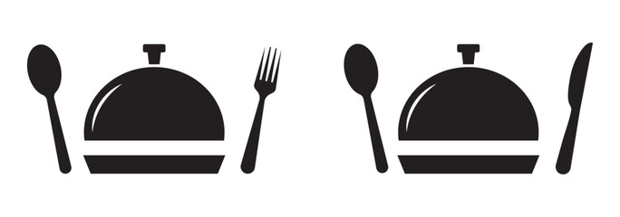 Fork, spoon, knife and plate. Menu symbol. Tableware instruments. Restaurant icon. Food, plate, fork, knife, spoon, cutlery icon set.