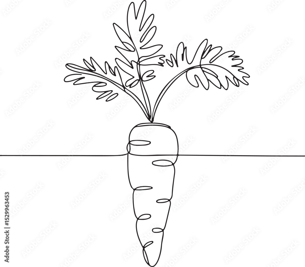 Poster continuous line drawing of a carrot with leafy top in minimalist black and white single-line art sty
