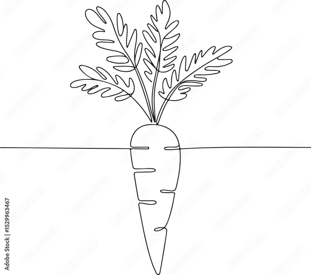 Poster continuous line drawing of a carrot with leafy top in minimalist black and white single-line art sty