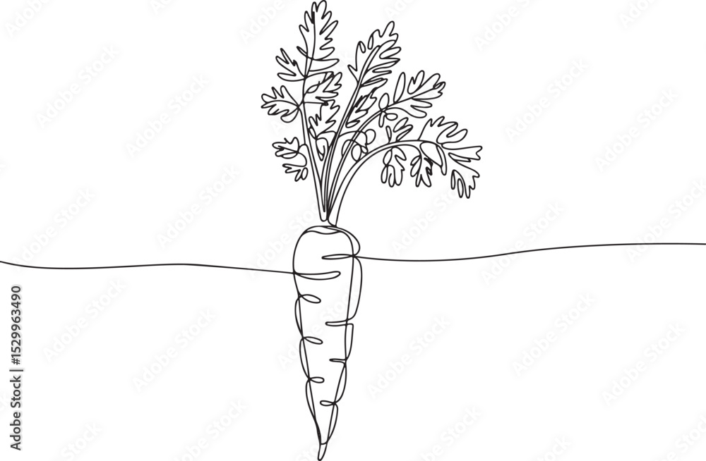 Poster continuous line drawing of a carrot with leafy top in minimalist black and white single-line art sty