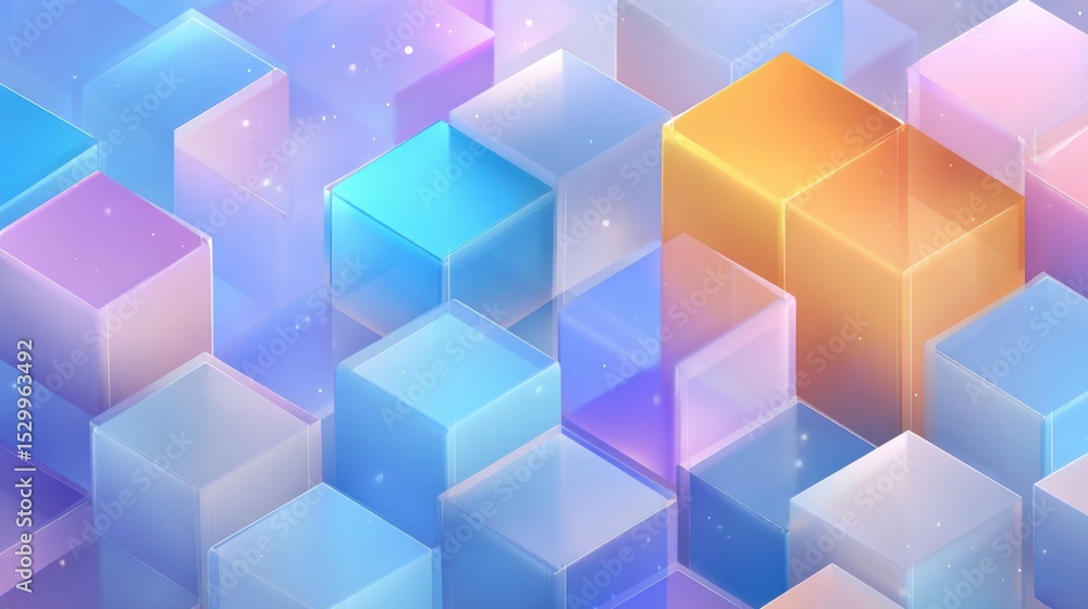 Poster a colorful background of cubes with a yellow cube in the middle. the cubes are all different colors 