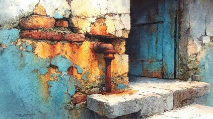 A rusty metal pipe is leaning against a wall. The wall is covered in peeling paint and has a blue door. The scene is somewhat bleak and abandoned, with the rusty pipe