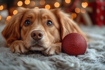 Red dog with a New Year's red ball close-up looks at the camera, New Year's mood