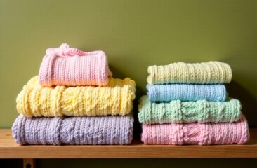A stack of multicolored knitted sweaters in bed shades of yellow, pink, blue and green is neatly laid out on a wooden shelf against a green wall.