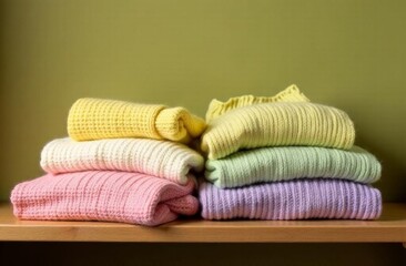A stack of multicolored knitted sweaters in bed shades of yellow, pink, blue and green is neatly laid out on a wooden shelf against a green wall.