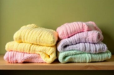 A stack of multicolored knitted sweaters in bed shades of yellow, pink, blue and green is neatly laid out on a wooden shelf against a green wall.