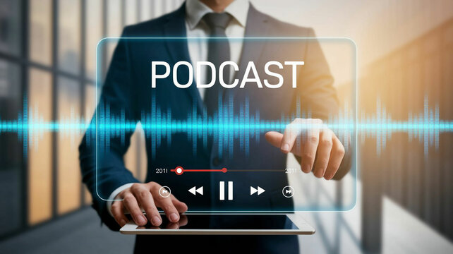 A person interacting with a holographic display featuring a podcast interface and sound waves - Powered by Adobe