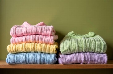 A stack of multicolored knitted sweaters in bed shades of yellow, pink, blue and green is neatly laid out on a wooden shelf against a green wall.