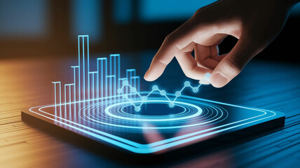 A hand touching a holographic display with financial graphs and data, representing business analysis or growth