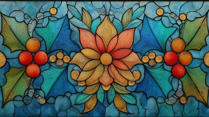 A blue and green stained glass window with a flower design and three red berries. The window is framed in blue and green and has a festive, joyful feel to it