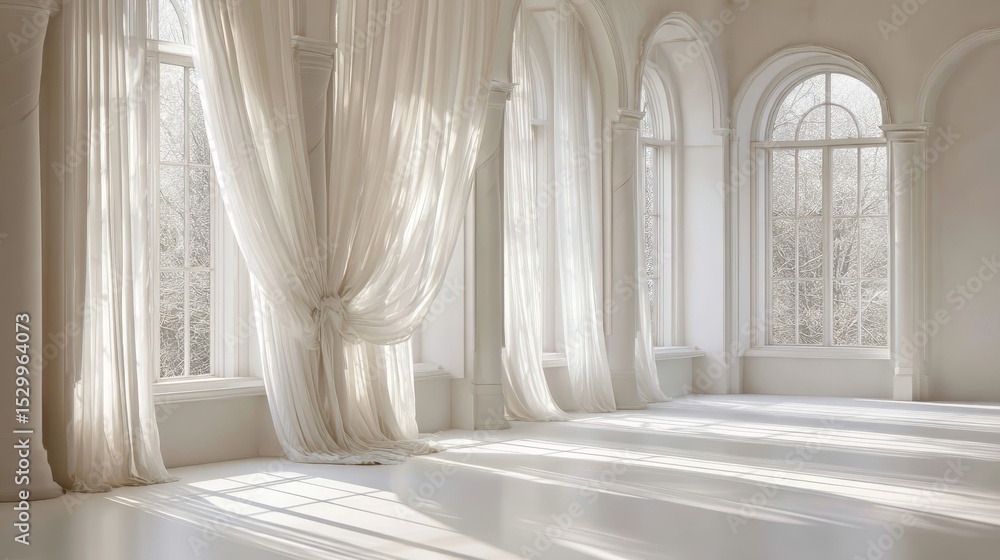 Poster soft sunlight filtering through white curtains, illuminating marble columns and creating luminous am