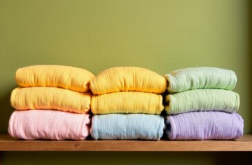 A stack of multicolored knitted sweaters in bed shades of yellow, pink, blue and green is neatly laid out on a wooden shelf against a green wall.