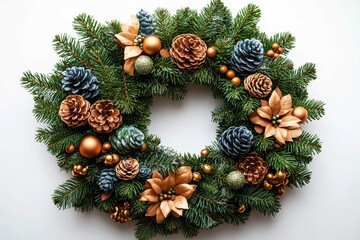 Christmas wreath made of fir branches with decoration of cones and balls in golden tones on a light tone