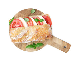 Tasty sandwich with mozzarella cheese, tomatoes and basil isolated on white, top view