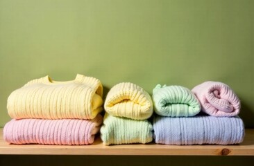 A stack of multicolored knitted sweaters in bed shades of yellow, pink, blue and green is neatly laid out on a wooden shelf against a green wall.