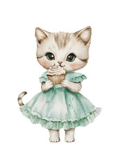 Cute Kitten in Green Dress Holding Cupcake Illustration. Watercolor illustration of a cute kitten wearing a green dress holding a cupcake with frosting and colorful sprinkles.