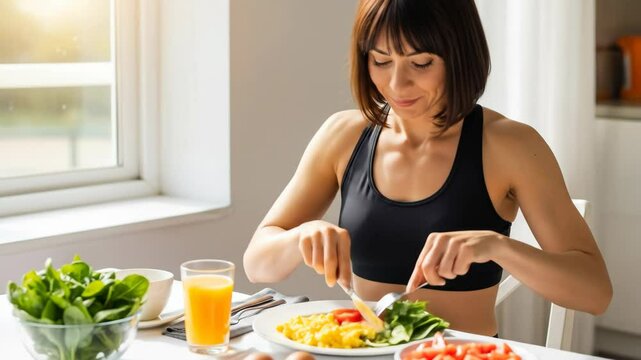 Woman eats healthy breakfast with scrambled egg, fresh greens, and juice for wellness and balanced nutrition footage.