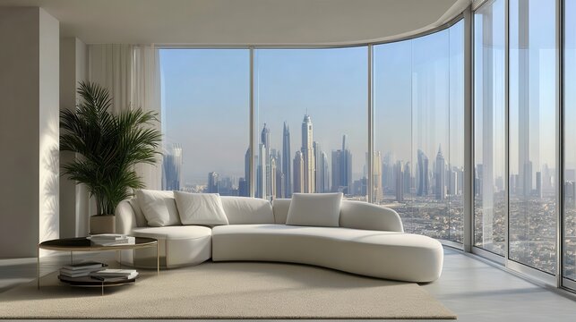 Bright sunlight filling luxurious modern living space, featuring curved white sofa, minimalist coffee table, potted greenery near expansive windows revealing dubai skyline