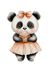 Adorable Cartoon Panda with Cupcake and Bow. Watercolor illustration of a cute panda wearing a pink dress and bow holding a cupcake with frosting and sprinkles.