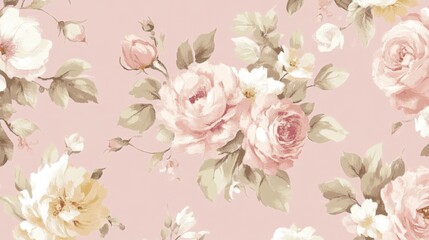 Elegant floral pattern featuring soft pink roses and delicate greenery on a pastel background