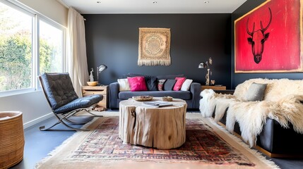 Eclectic living room combining vintage pieces with sleek modern furniture, bold colors, layered textures, and playful decor