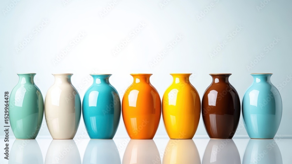 Poster an exquisite collection of colorful ceramic vases lined up in a display, each with its own unique hu