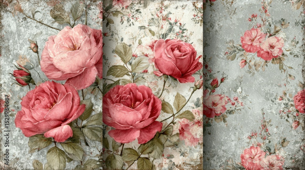 Poster three floral images of roses are displayed, each with a different color scheme. the first image feat