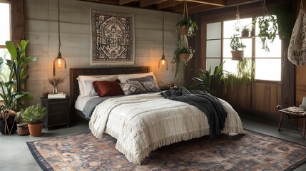 Relaxed boho bedroom with textured rugs, neutral bedding, vintage lamps, plants in hanging pots, and earthy tones creating a calm atmosphere