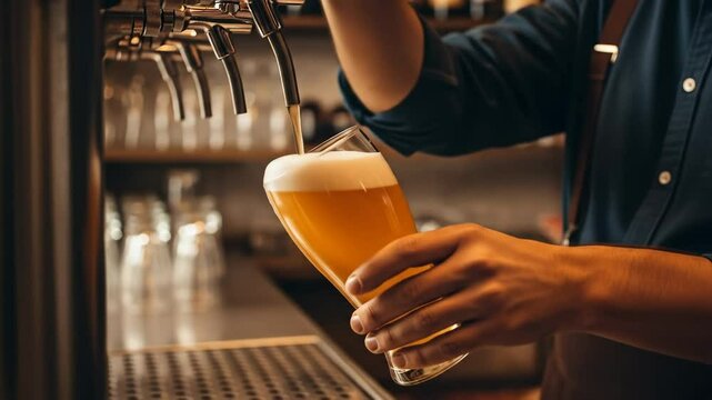 Bartender pouring beer from tap into glass at bar. Male hand filling fresh golden lager with foam. Brewery industry footage.