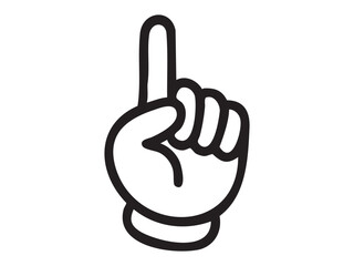 Black outline of hand showing raised index finger gesture isolated on white background. Concept of attention, number one sign, pointing up, warning signal, cartoon hand illustration