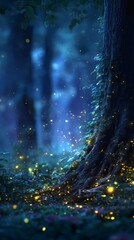 Naklejka premium Magical forest scene with glowing fireflies illuminating a tree trunk and the ground, creating a mystical and enchanting atmosphere.
