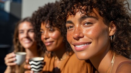 Obraz premium This image features four women posing together outdoors. They are smiling at the camera, wearing casual clothing. The woman on the left is holding a cup of coffee.