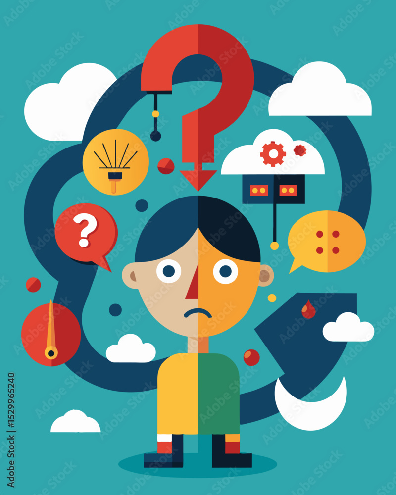 Poster an endless cycle of contradictory thoughts and beliefs causing confusion and distress.. vector illus