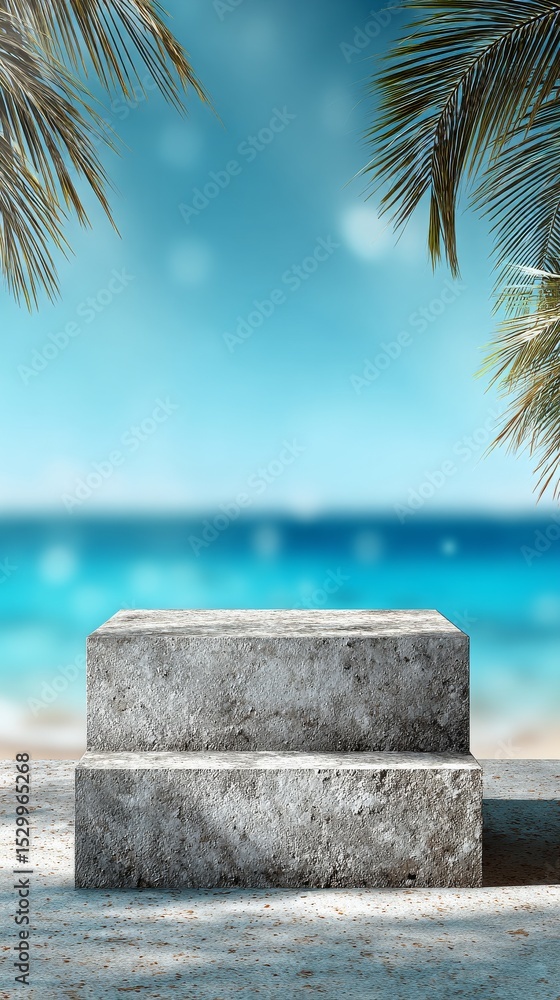 Poster relaxing on a beachfront bench with ocean view and palm trees on a sunny day.