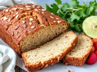 Apple Almond Bread Loaf: A delectable homemade apple almond bread loaf, artfully sliced and presented, showcasing its moist crumb and crunchy almond topping.